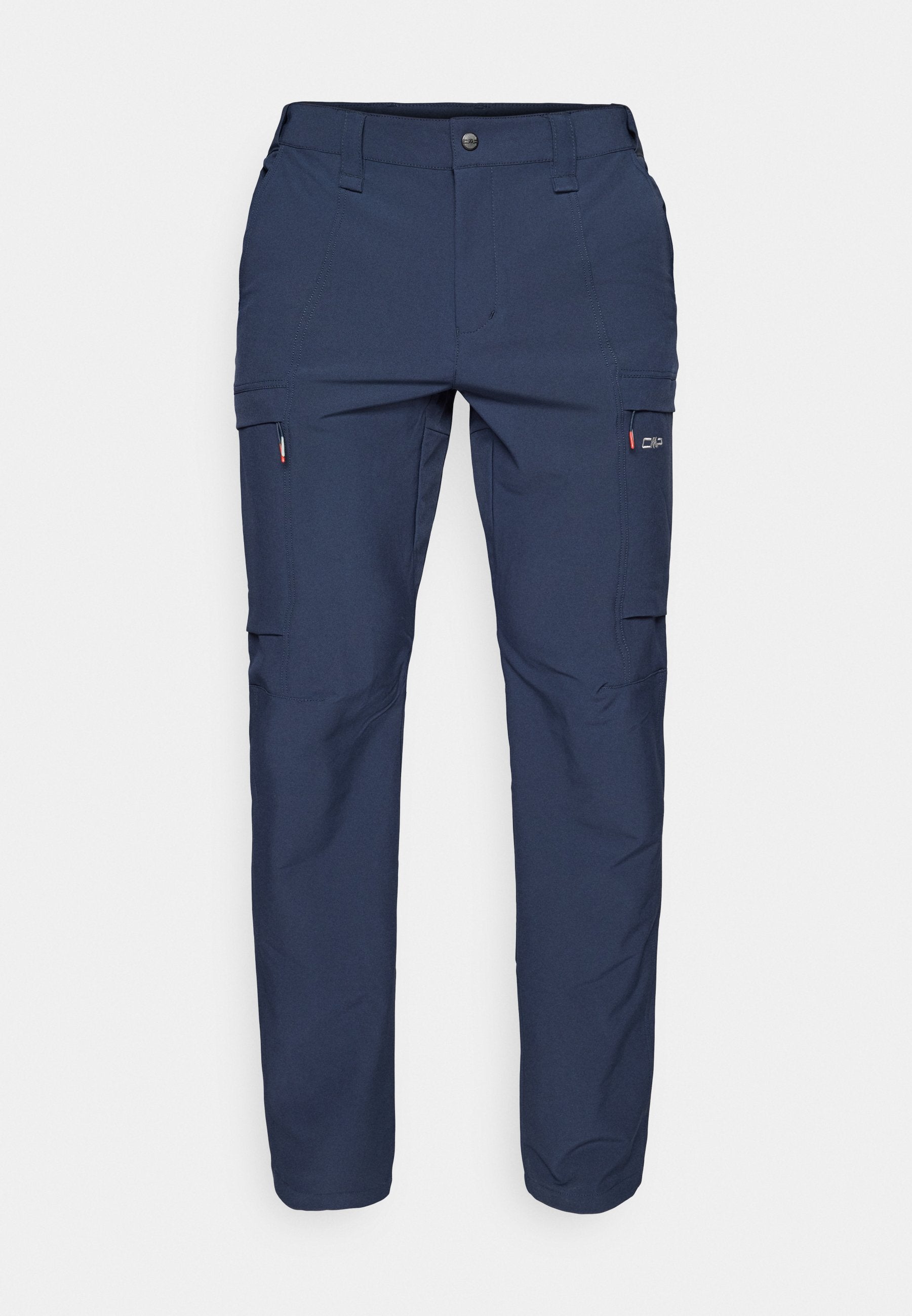Marineblaue Cargo-Hosen aus leichtem Stoff, mit mehreren Taschen, einer seitlichen Reißverschlusstasche und robusten Nähten.