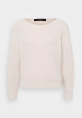Hellbeige gestrickter Pullover mit rundem Ausschnitt, langen Ärmeln und gerippten Bündchen. Verfügt über ein strukturiertes Muster im gesamten Stoff.
