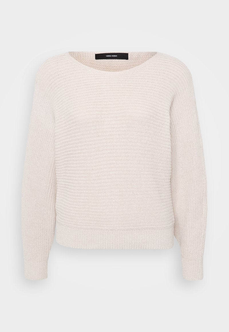 Hellbeige gestrickter Pullover mit rundem Ausschnitt, langen Ärmeln und gerippten Bündchen. Verfügt über ein strukturiertes Muster im gesamten Stoff.