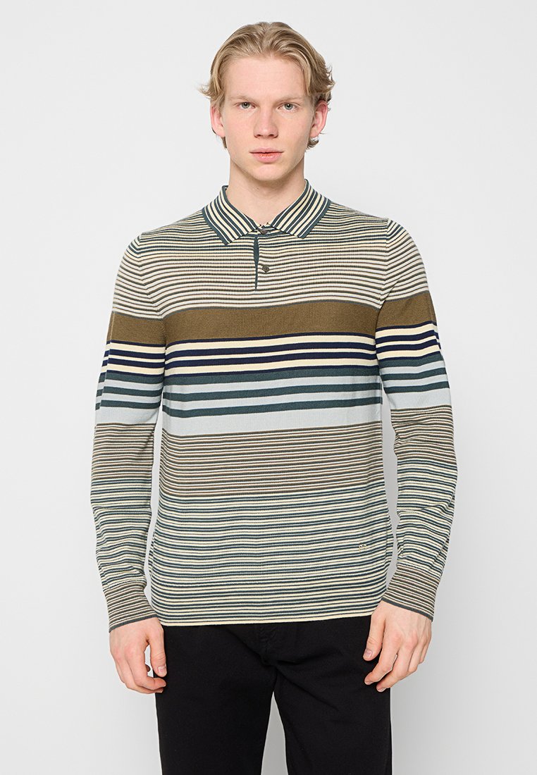 Langärmeliges Polohemd mit horizontalen Streifen in Oliv, Navy, Hellblau und Creme. Ausgestattet mit Kragen und Knopfleiste, weiche Strickstruktur.