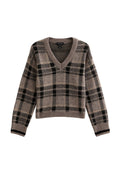 V-Ausschnitt Strickpullover in Hellbraun mit einem schwarzen Karomuster. Mit langen Ärmeln und einem cropped Saum. Hergestellt aus weichem Stoff.