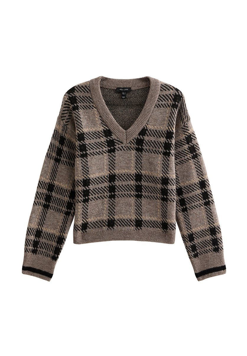 V-Ausschnitt Strickpullover in Hellbraun mit einem schwarzen Karomuster. Mit langen Ärmeln und einem cropped Saum. Hergestellt aus weichem Stoff.