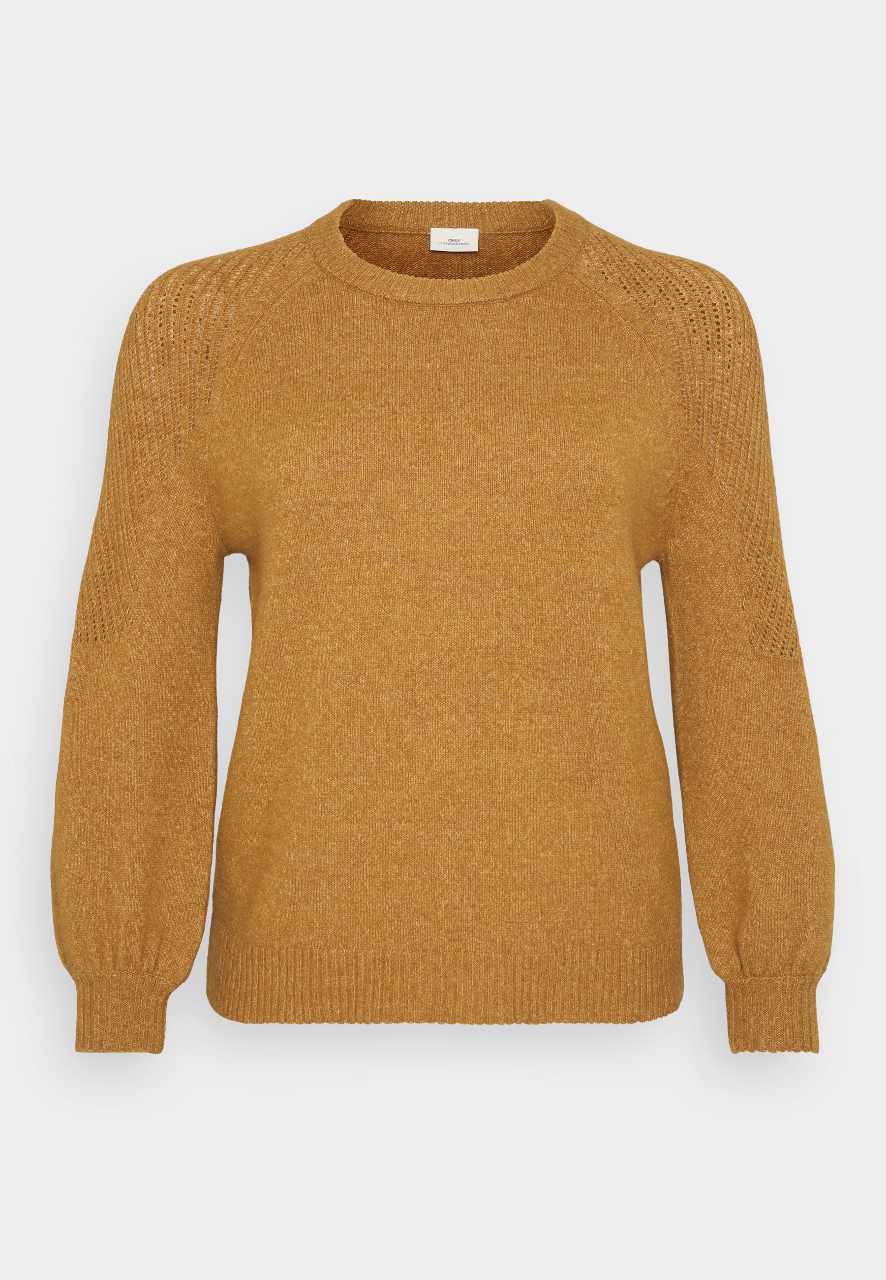 Senfgelbes Strickpullover mit Rundhalsausschnitt, geripptem Saum und Ballonärmeln, die strukturierte Strickmuster an den Schultern aufweisen.