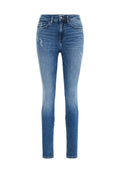 Skinny-Jeans aus blauem Denim mit einem verwaschenen Finish, fünf Taschen und leichten Abnutzungserscheinungen an den Oberschenkeln, mit Gürtelschlaufen und Reißverschluss.