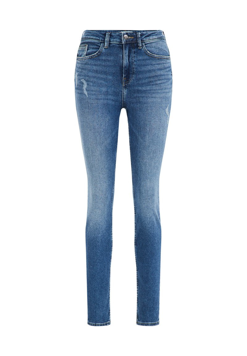 Skinny-Jeans aus blauem Denim mit einem verwaschenen Finish, fünf Taschen und leichten Abnutzungserscheinungen an den Oberschenkeln, mit Gürtelschlaufen und Reißverschluss.