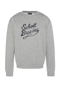Grauer Langarm-Sweatshirt mit "Schott Bros inc" in schwarzer, geschwungener Schrift über der Brust bedruckt.