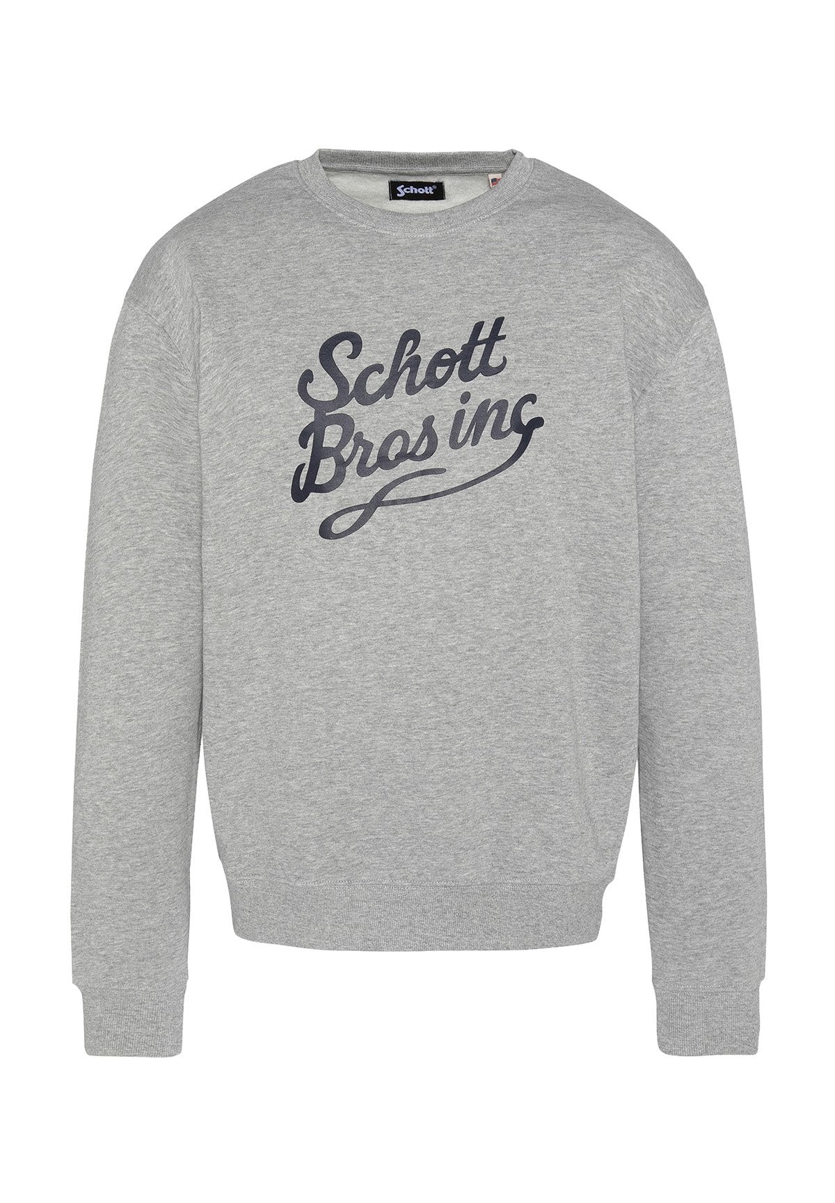 Grauer Langarm-Sweatshirt mit "Schott Bros inc" in schwarzer, geschwungener Schrift über der Brust bedruckt.