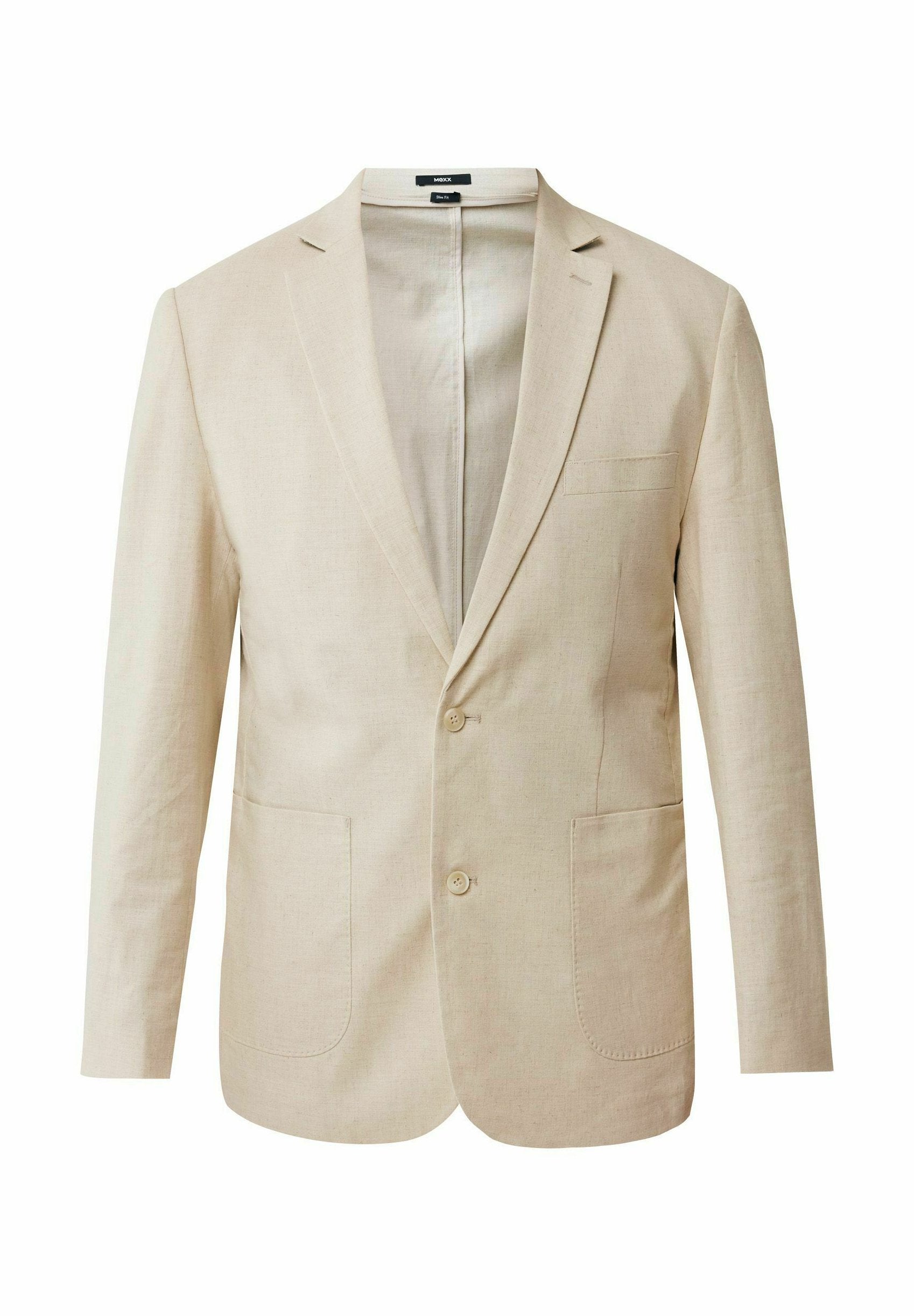 Beige Leinenblazer mit einem Reverskragen, zwei frontalen Taschen und zwei Knöpfen, sowie einem einfachen, ungefütterten Innendesign.