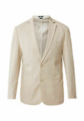 Beige Leinenblazer mit einem Reverskragen, zwei frontalen Taschen und zwei Knöpfen, sowie einem einfachen, ungefütterten Innendesign.
