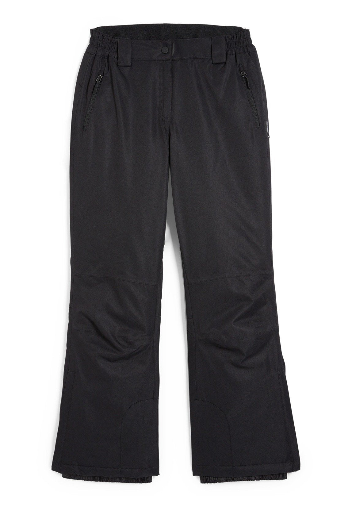 Schwarze Skihosen aus strapazierfähigem, wasserabweisendem Material. Mit elastischem Bund, Reißverschlusstaschen und verstärkten Kniebereichen.