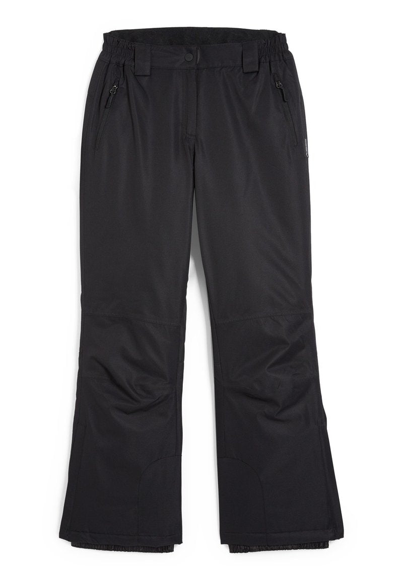 Schwarze Skihosen aus strapazierfähigem, wasserabweisendem Material. Mit elastischem Bund, Reißverschlusstaschen und verstärkten Kniebereichen.