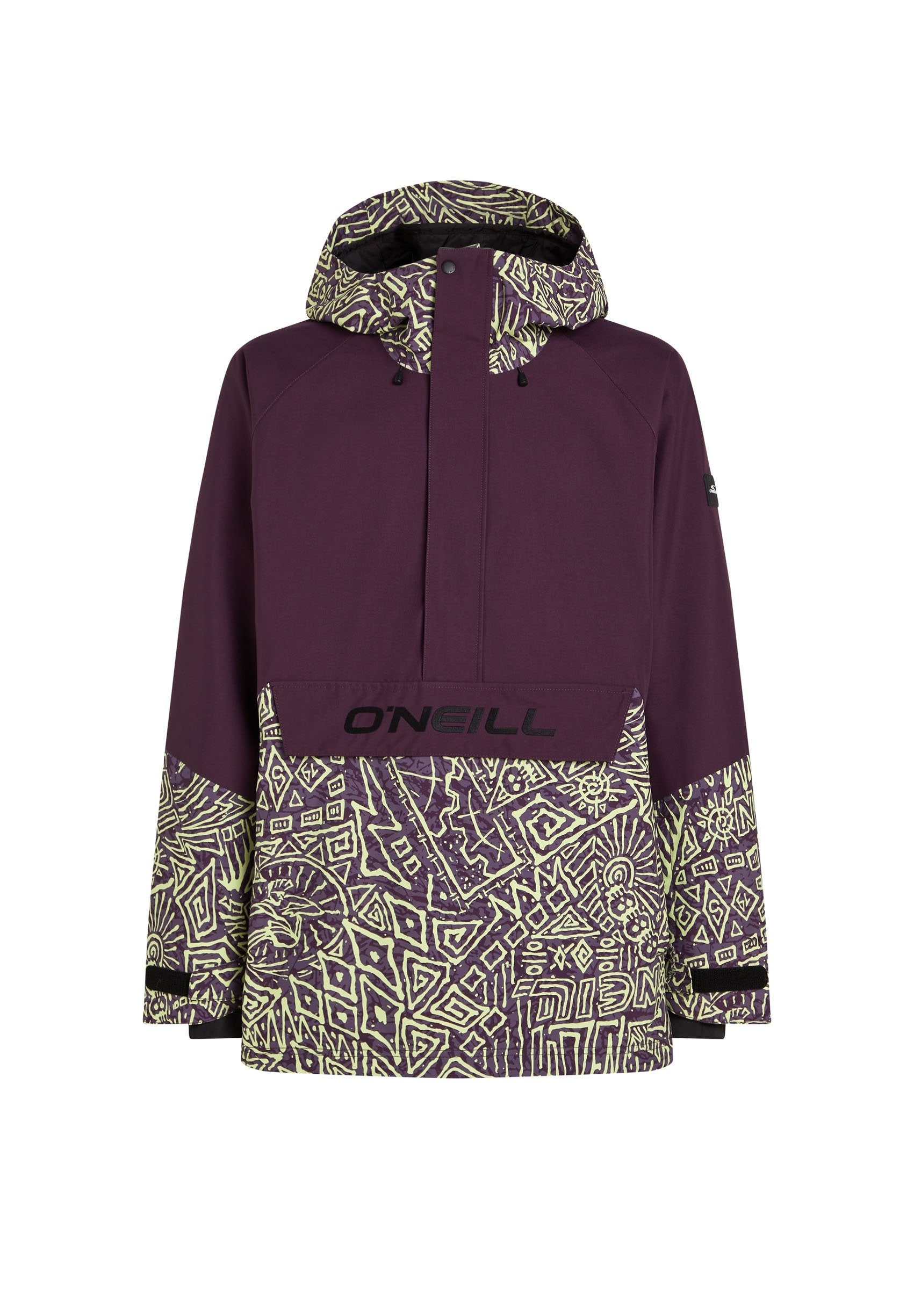Lila Kapuzenjacke mit einem gemusterten Saum in Gelb und Schwarz. Verfügt über eine Kängurutasche und Kordelzüge an der Kapuze. Markenname sichtbar.