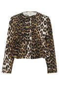 Leopardenmuster Peplum-Jacke mit Schwarz- und Goldtönen, ausgestattet mit einer gerafften Taille, langen Ärmeln und zwei Schleifen am vorderen Verschluss.