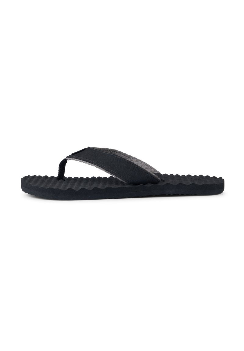 Schwarze Flip-Flops mit einer strukturierten Gummisohle, einem glatten Riemen und einem grauen Akzentband. Die Sohle weist ein wellenförmiges Muster zur besseren Griffigkeit auf.