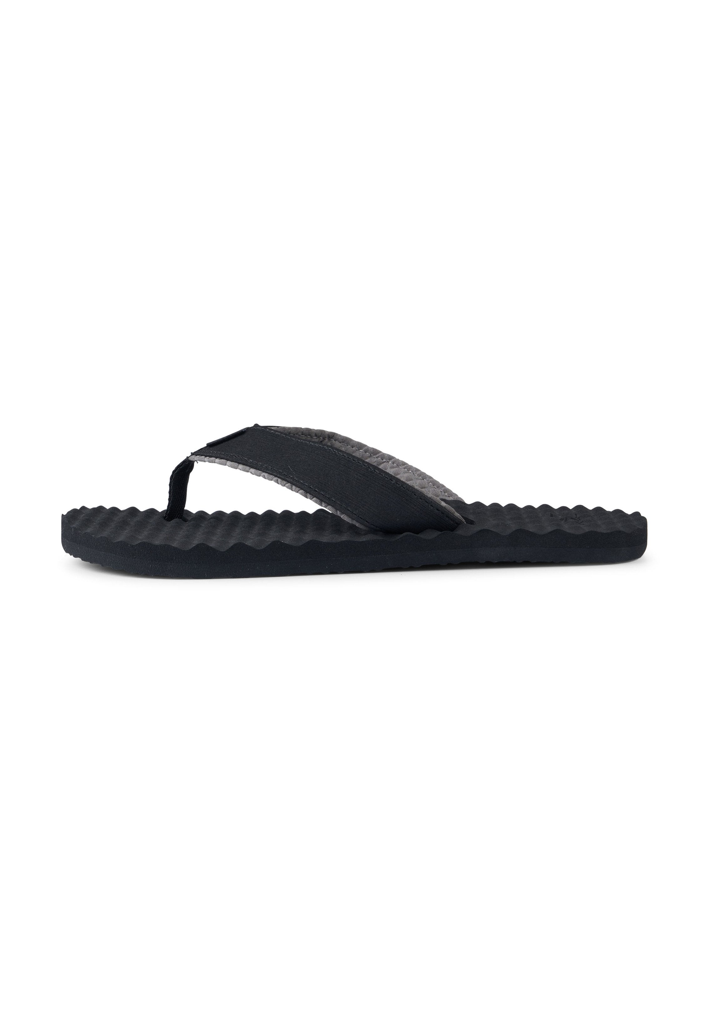 Schwarze Flip-Flops mit einer strukturierten Gummisohle, einem glatten Riemen und einem grauen Akzentband. Die Sohle weist ein wellenförmiges Muster zur besseren Griffigkeit auf.