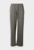 Graue Baumwoll-Sweatpants mit elastischem Bund und Kordelzug, seitlichen Taschen und einer lockeren Passform über die Beine.