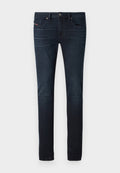 Dunkelblaue Slim-Fit-Jeans mit leichtem Verblassen an den Oberschenkeln, Fronttaschen, Gürtelschlaufen und Knopfverschluss an der Taille.