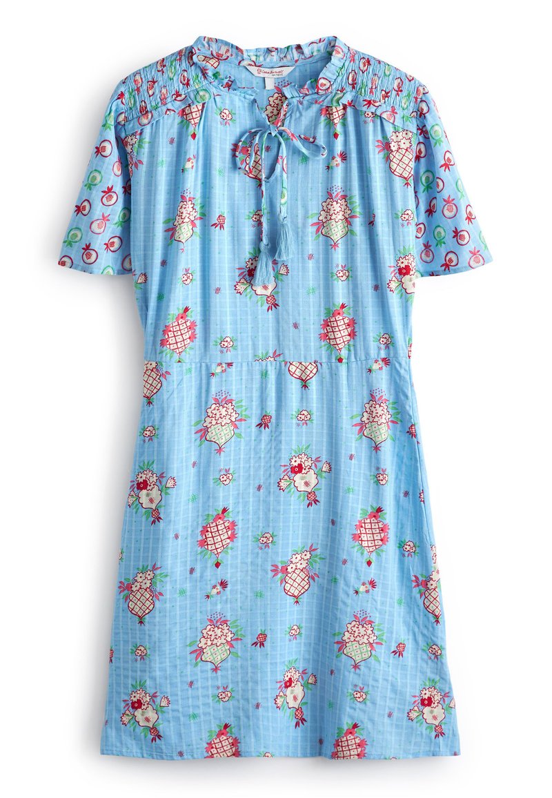 Kurzärmliges, hellblaues Kleid mit floralem und fruchtigem Muster. Es verfügt über einen gerafften Ausschnitt mit einer Schnürung und hat eine lockere Passform.