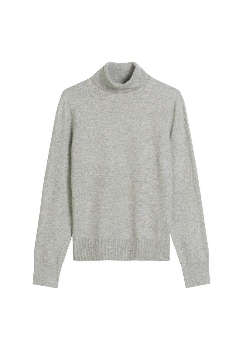 Hellgrauer Rollkragenpullover mit geripptem Saum und Bündchen, aus einem weichen Strickmaterial gefertigt. Besitzt eine figurbetonte Silhouette und ein nahtloses Design.