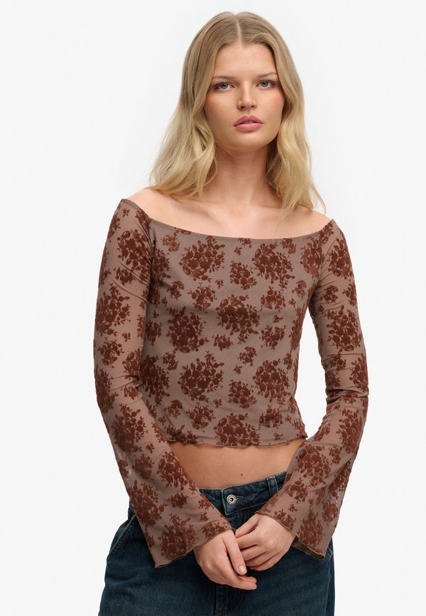 Superdry & Co SUPERDRY FLOCKED MESH LONG SLEEVE TOP.. - Long sleeved top - sparrow brown