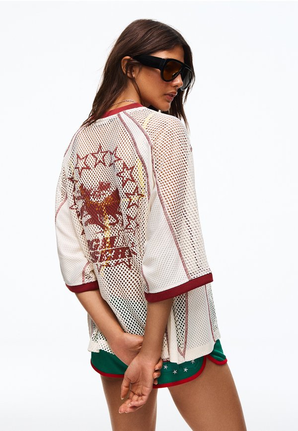 Bershka PRINTED MESH CROPPED BOXY FIT - T-SHIRT - Print T-shirt - beige