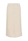 Beige Denim-Midikleid mit vorderem Schlitz, zwei Taschen und Reißverschluss. Gerade geschnittenes Design mit glatter Textur. Ohne sichtbare Muster.
