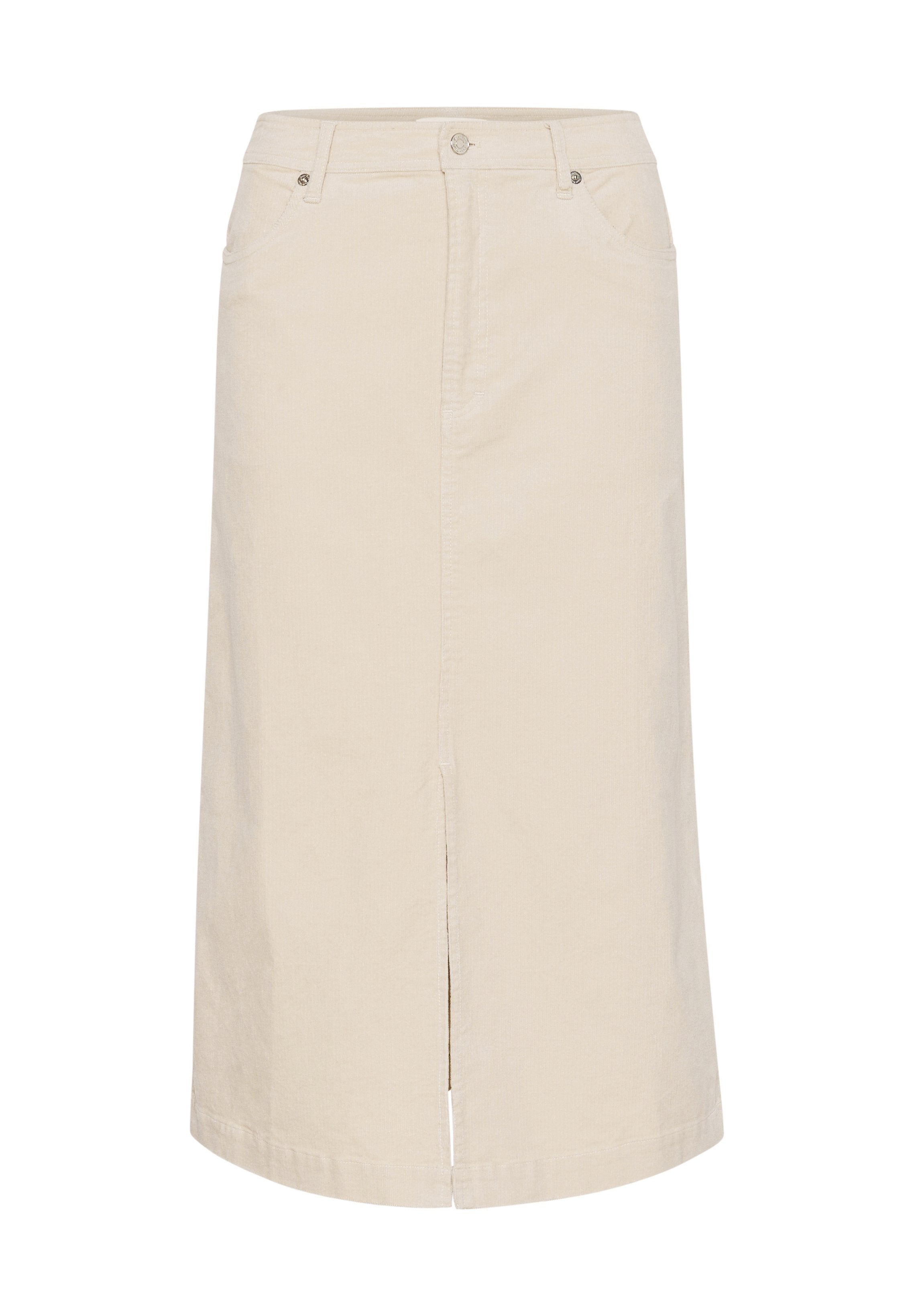 Beige Denim-Midikleid mit vorderem Schlitz, zwei Taschen und Reißverschluss. Gerade geschnittenes Design mit glatter Textur. Ohne sichtbare Muster.