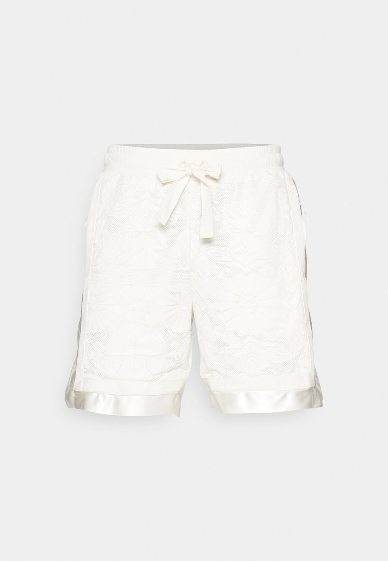 Weiße Shorts mit floralem Muster, mit Satinakzenten am Saum und einem verstellbaren Zugband für eine individuell anpassbare Passform.