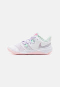 Leichtgewichtiger Sportschuh in Weiß, Lavendel und Mintgrün. Verfügt über ein Mesh-Design, gepolsterten Kragen und eine strukturierte rosa Sohle mit Sprenkeln.