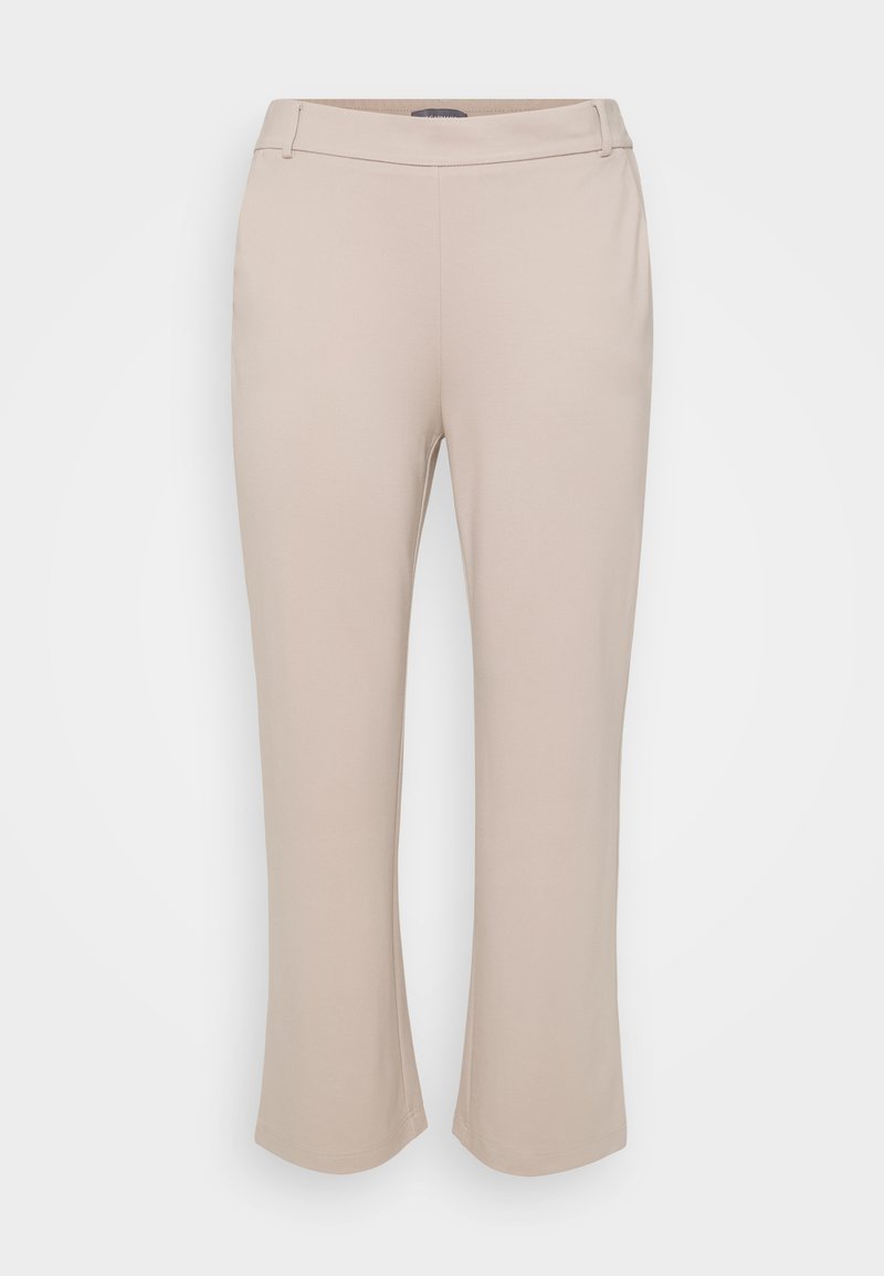 Beige Hose mit geradem Bein. Hergestellt aus einem glatten, dehnbaren Stoff. Verfügt über einen mittelhohen Bund und keine sichtbaren Beschläge.