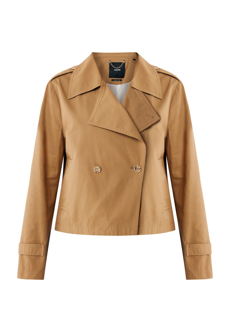 Beige Doppelreiher-Jacke mit breitem Kragen, goldfarbenen Knöpfen, leichten Schulterakzenten und geknöpften Manschetten. Aus glattem Stoff gefertigt.