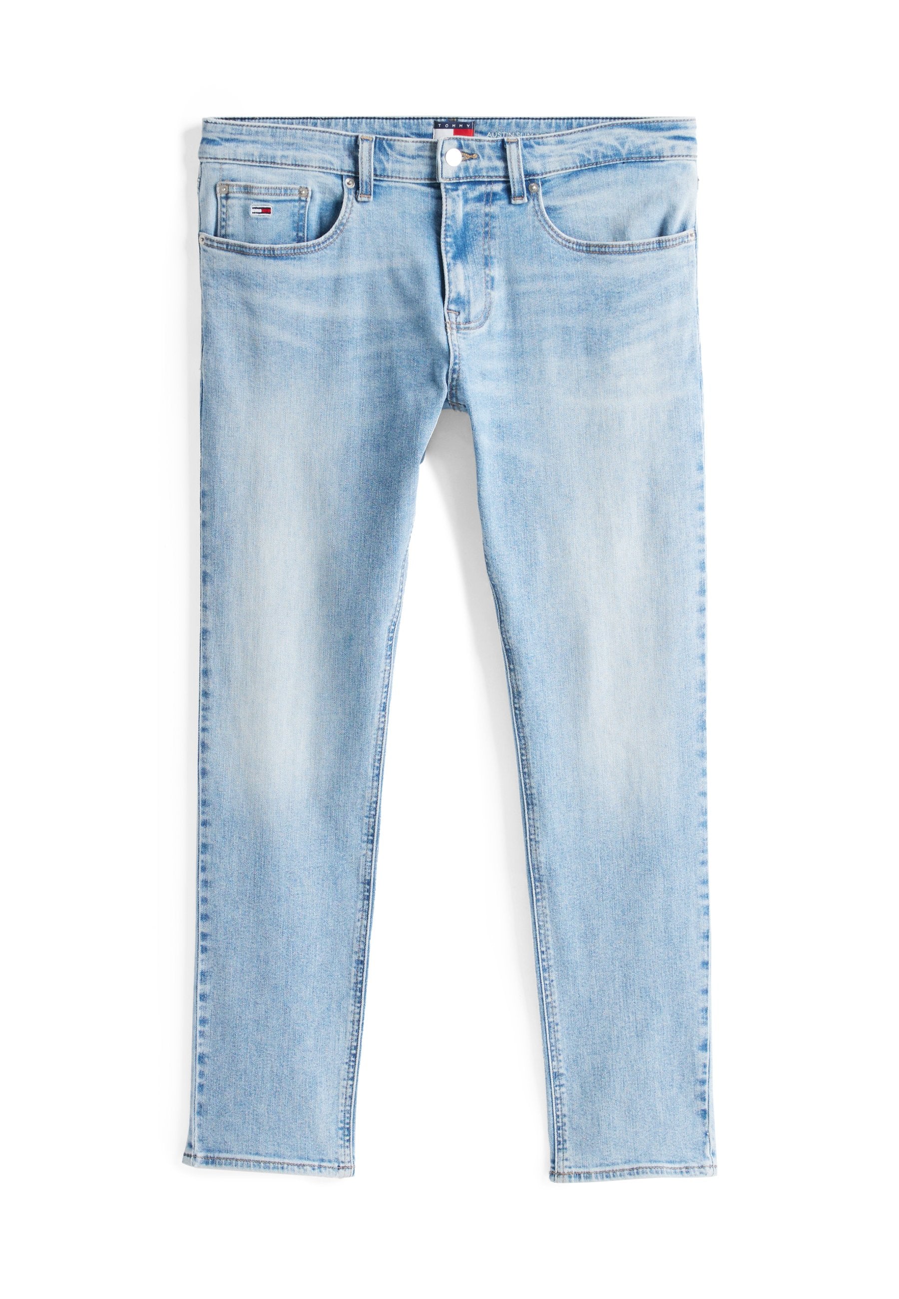 Helle blaue Jeans mit geradem Bein, fünf Taschen und einem verblassten Finish. Mit Steppdetails und einem Markenetikett am Bund.