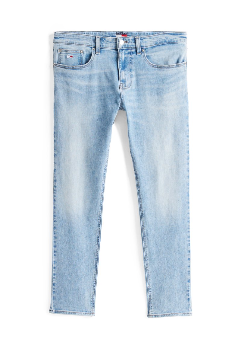 Helle blaue Jeans mit geradem Bein, fünf Taschen und einem verblassten Finish. Mit Steppdetails und einem Markenetikett am Bund.