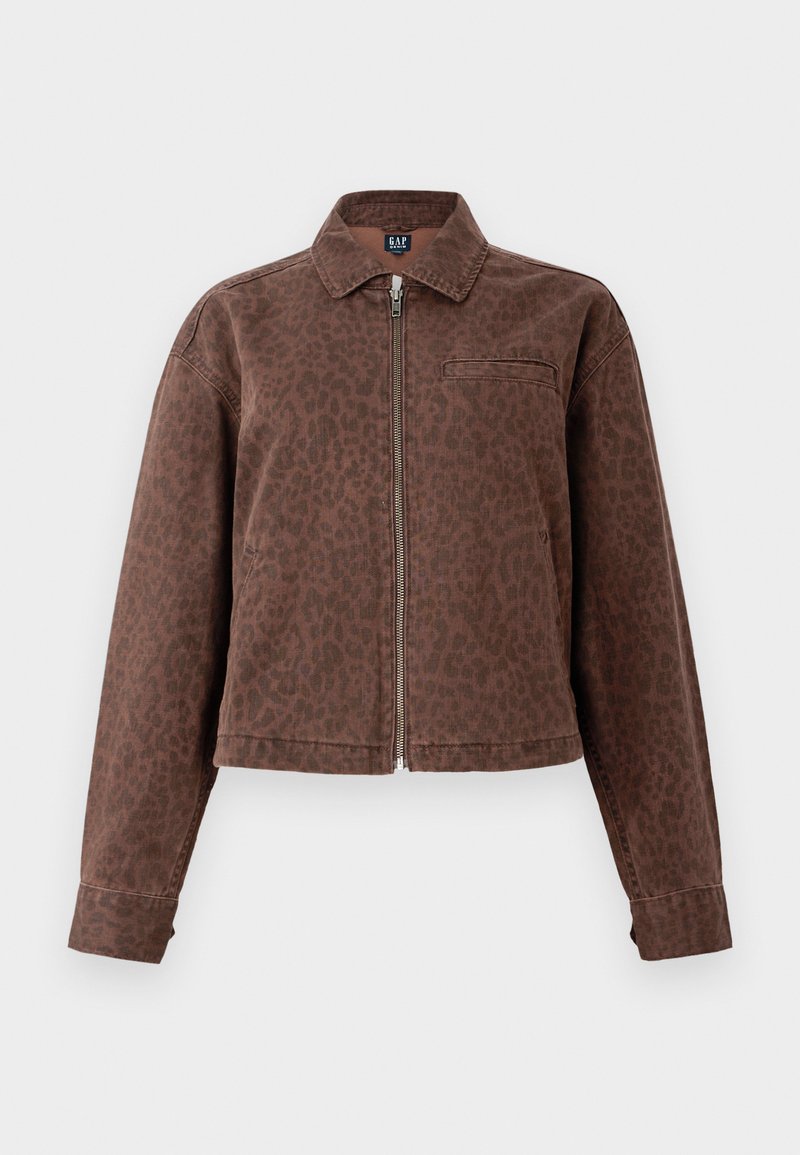 Braune Jacke im Leopardenprint mit Kragen, Reißverschluss und einer Brusttasche. Hergestellt aus weichem, strukturiertem Material mit langen Ärmeln.