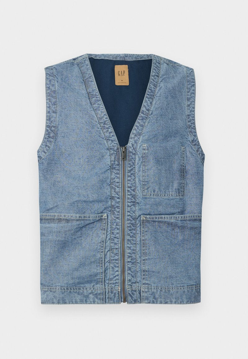 Denimweste in Hellblau mit V-Ausschnitt, Frontreißverschluss und zwei großen Fronttaschen. Schlichtes Design und strukturierter Stoff.