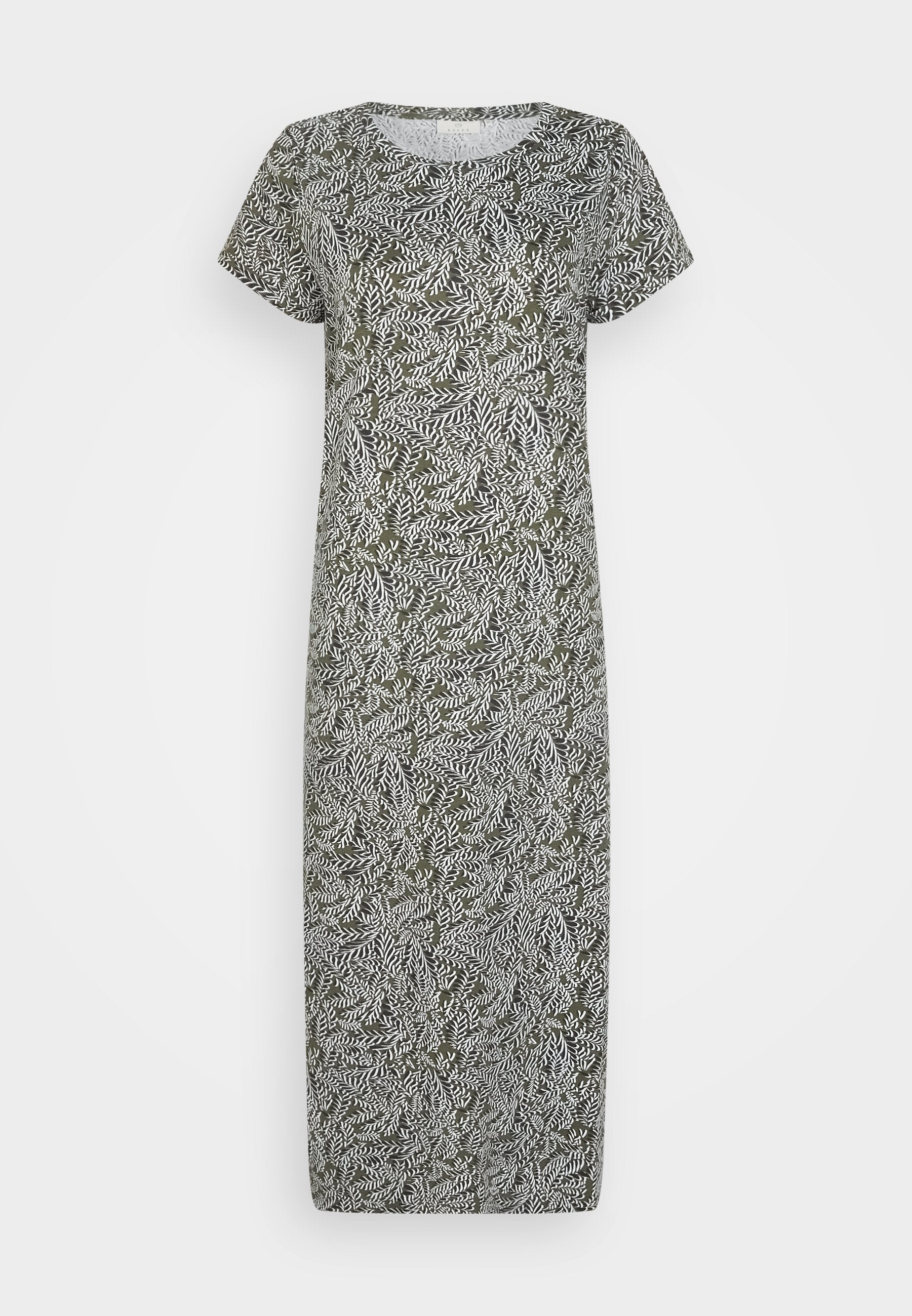 Maxikleid mit floralem Muster und kurzen Ärmeln, Hintergrund in grün mit weißen Blätterdesigns. Hergestellt aus leichtem, atmungsaktivem Stoff.