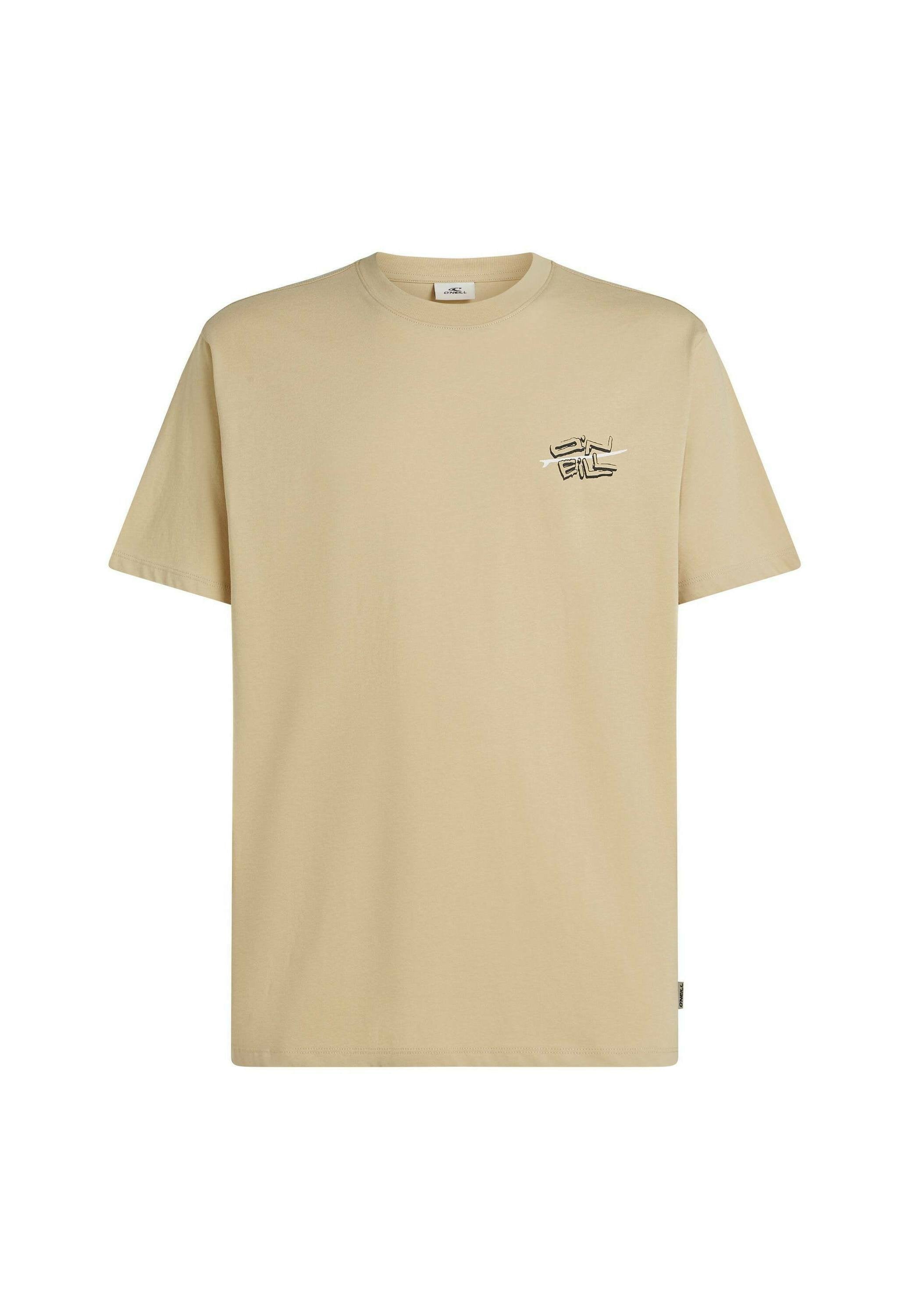 Beiges Baumwoll-T-Shirt mit rundem Ausschnitt, kurzen Ärmeln und einem kleinen schwarzen Grafikdesign auf der linken Brust. Gerader Saum. Minimalistischer Stil.