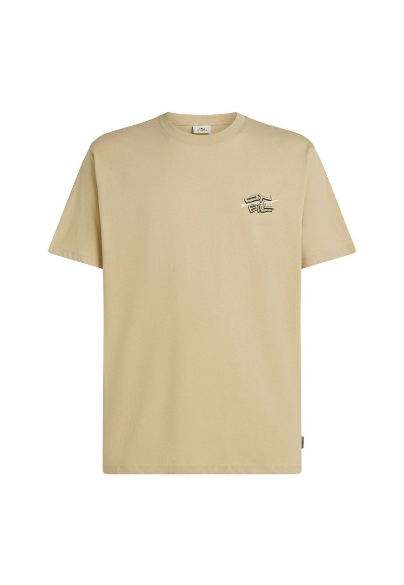Beiges Baumwoll-T-Shirt mit rundem Ausschnitt, kurzen Ärmeln und einem kleinen schwarzen Grafikdesign auf der linken Brust. Gerader Saum. Minimalistischer Stil.