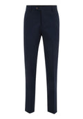 Navyblaue Anzughose mit flachem Frontschnitt, geradem Bein, Knopfverschluss und subtiler Struktur. Geeignet für formelle Anlässe.