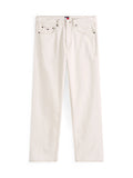 Beige Jeans aus Denim mit geradem Bein, ausgestattet mit einem Reißverschluss, fünf Taschen und kontrastierenden Nähten. Logopatch am Bund.