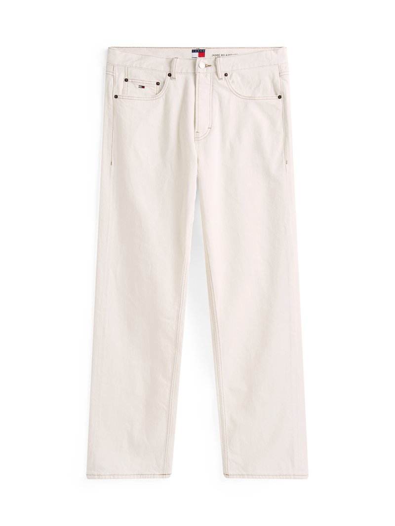 Beige Jeans aus Denim mit geradem Bein, ausgestattet mit einem Reißverschluss, fünf Taschen und kontrastierenden Nähten. Logopatch am Bund.