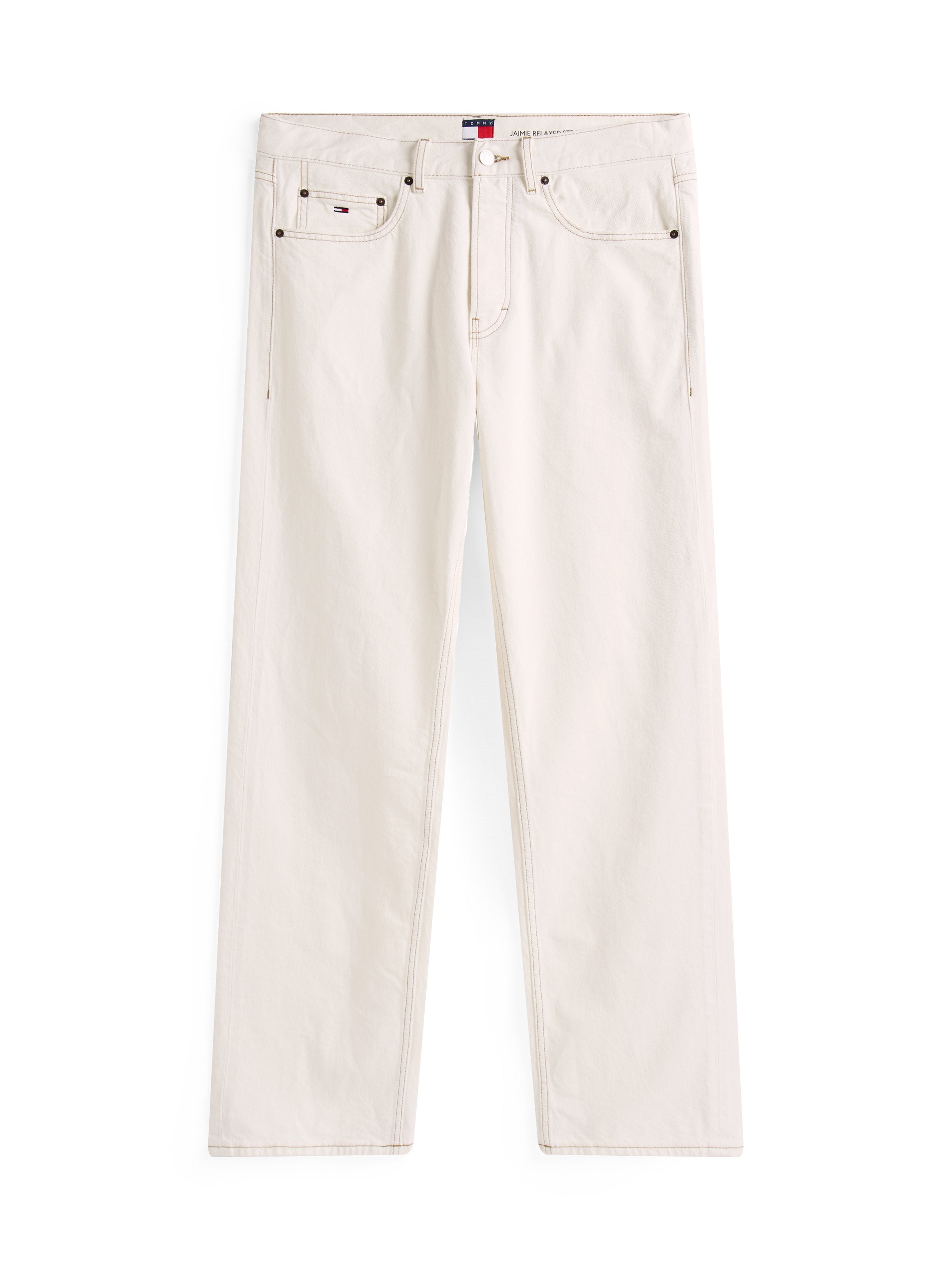 Beige Jeans aus Denim mit geradem Bein, ausgestattet mit einem Reißverschluss, fünf Taschen und kontrastierenden Nähten. Logopatch am Bund.