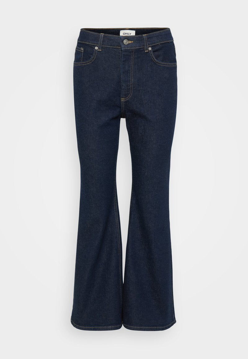 Dunkelblaue, ausgestellte Jeans aus Denim mit einem klassischen Fünf-Taschen-Design, kontrastierenden Nähten und einem bronzefarbenen Knopfverschluss.