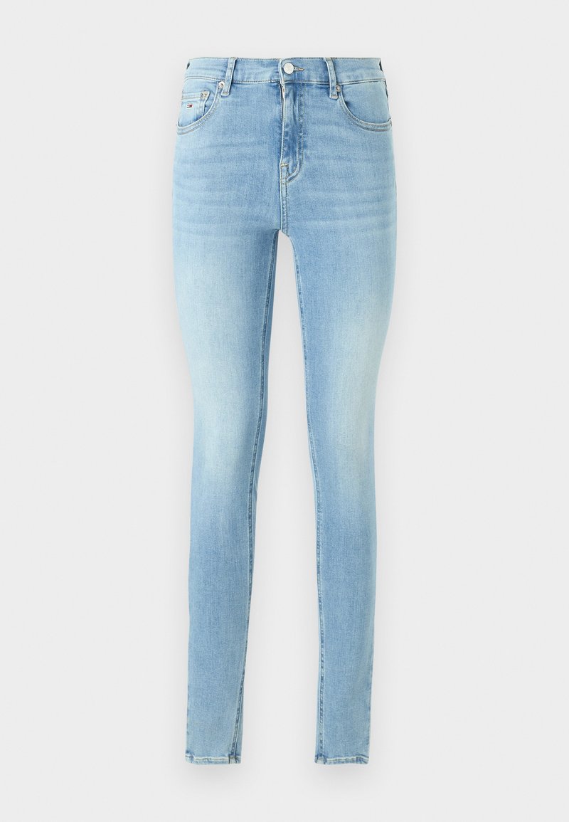 Helleblaue, schmale Jeans aus Denim mit mittelhohem Bund, klassischem Fünf-Taschen-Design und leichter Ausbleichung für Texturdetails.