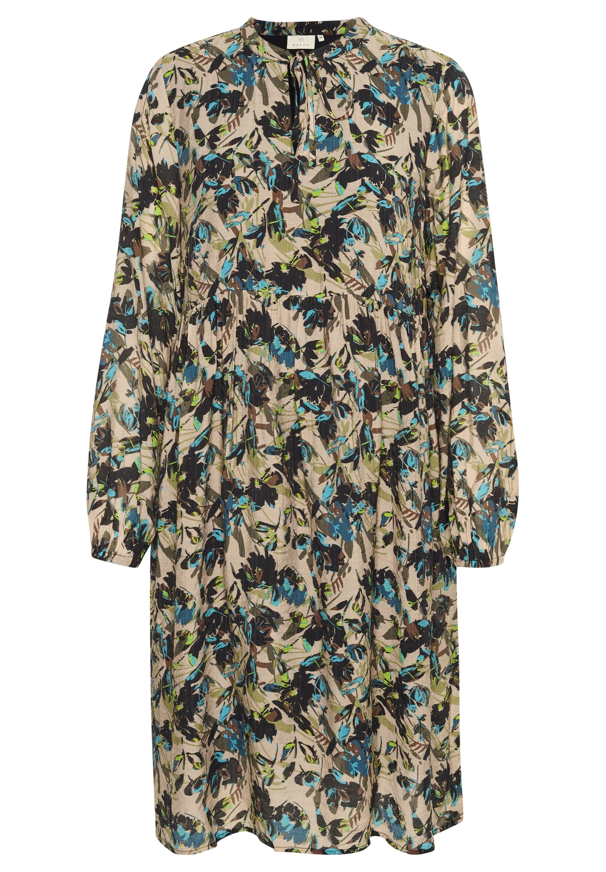 Blumenkleid mit beigem Hintergrund und blauen sowie grünen Mustern, langen Ärmeln und einem runden Ausschnitt mit einem Schlitzdetail.