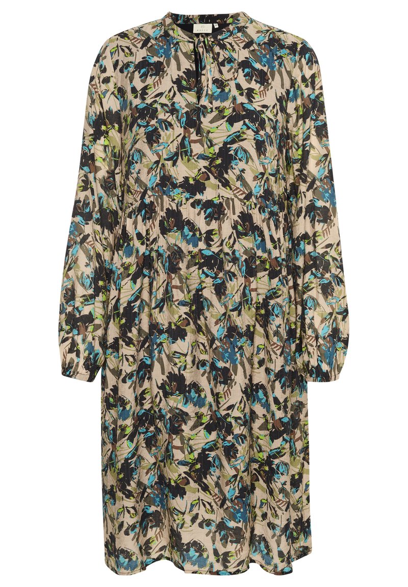 Blumenkleid mit beigem Hintergrund und blauen sowie grünen Mustern, langen Ärmeln und einem runden Ausschnitt mit einem Schlitzdetail.