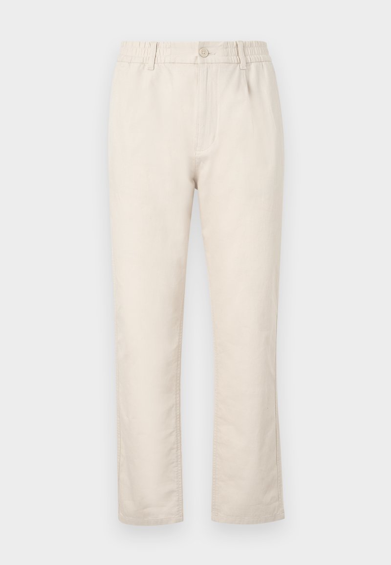 Beige Baumwollmischungshosen mit elastischem Bund, Knopfverschluss, geradem Schnitt und subtiler Textur ohne sichtbare Muster.