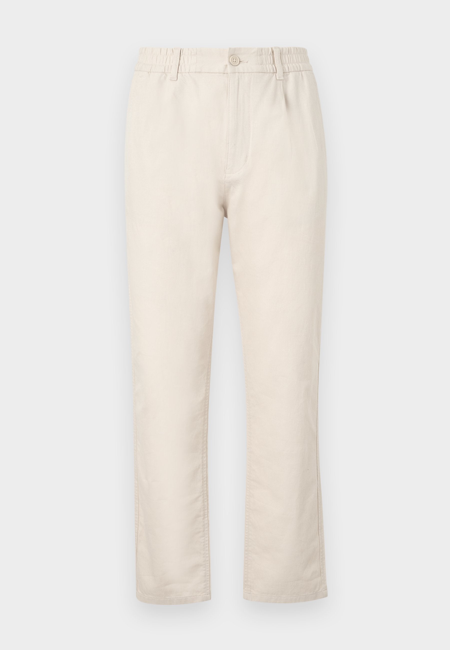 Beige Baumwollmischungshosen mit elastischem Bund, Knopfverschluss, geradem Schnitt und subtiler Textur ohne sichtbare Muster.