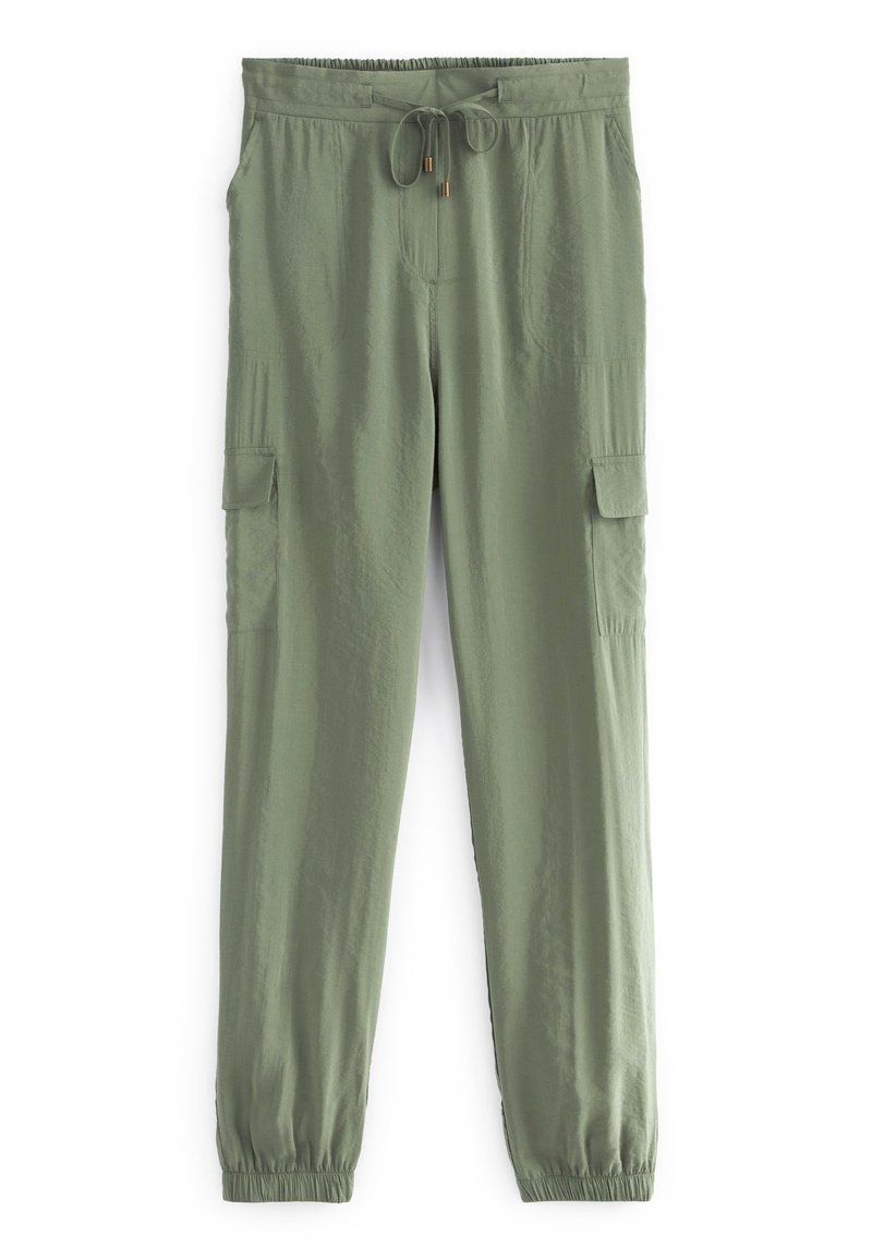 Grüne Cargo-Hosen aus leichtem Stoff, mit elastischem Hüftbund, Kordelzug und seitlichen Taschen. Die Bündchen an den Knöcheln sind elastisch.