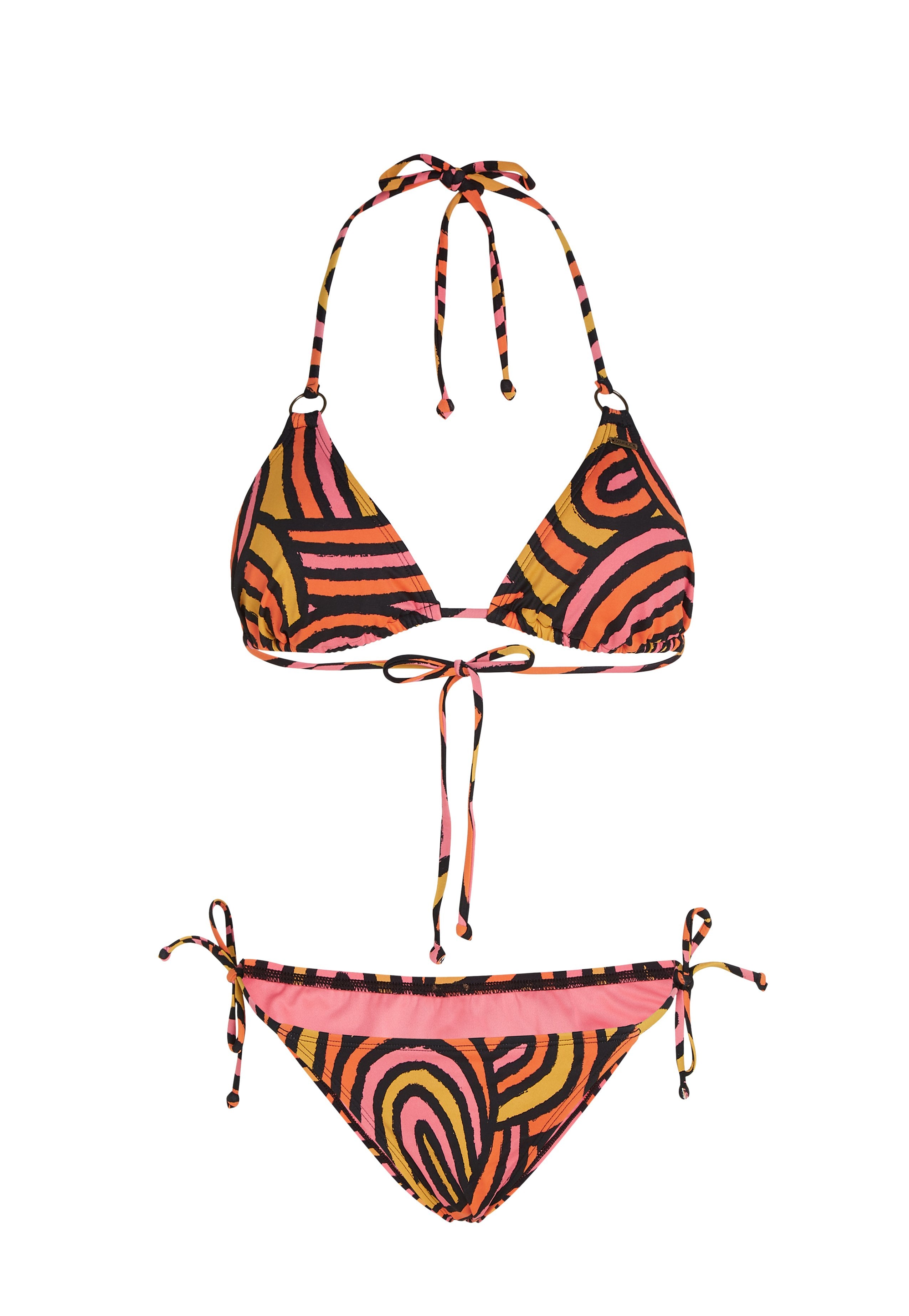 Bikini-Set mit schwarzem Grundton, das mit leuchtenden orangefarbenen und rosa Wirbelmustern verziert ist. Dreieckiger Oberteil mit Bindebändern und passendem, niedrig geschnittenem Unterteil mit seitlichen Bindebändern.